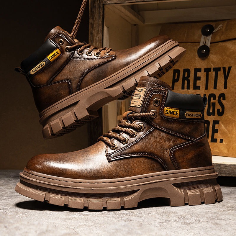 Leather Work Fabric - Botas de tornozelo de plataforma masculina